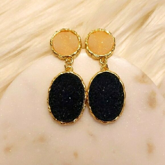 New Gold Druzy Quarts Stones Drop Earrings - Picture 3 of 5